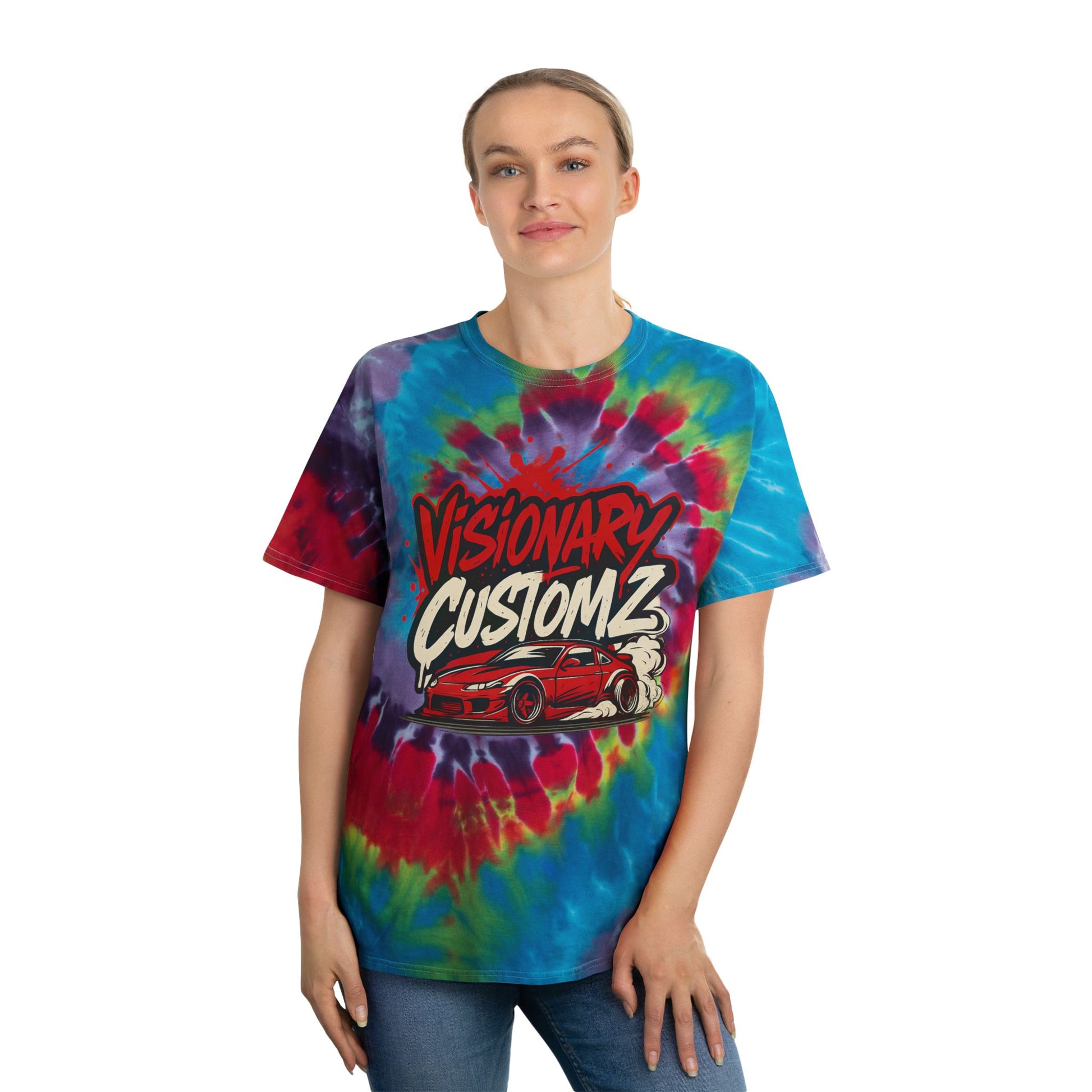 Spiral Tie-Dye Tee with Custom Graphics, Retro Vibe, Perfect for Festivals, Car Enthusiasts, Summer Outfits, Unique Gift Ideas