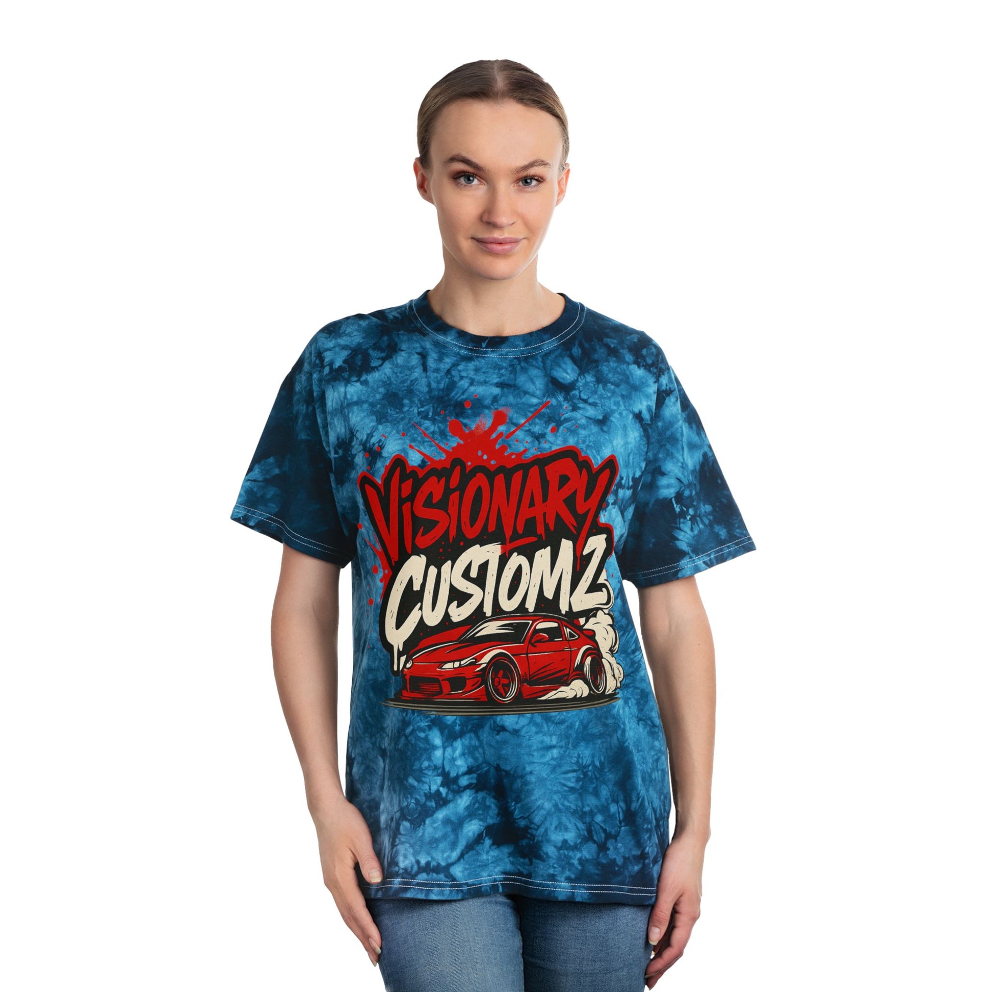 Tie-Dye Graphic Tee, Visionary Customz Shirt, Unique Casual Wear, Summer Style, Gift for Car Enthusiasts, Retro Vibe