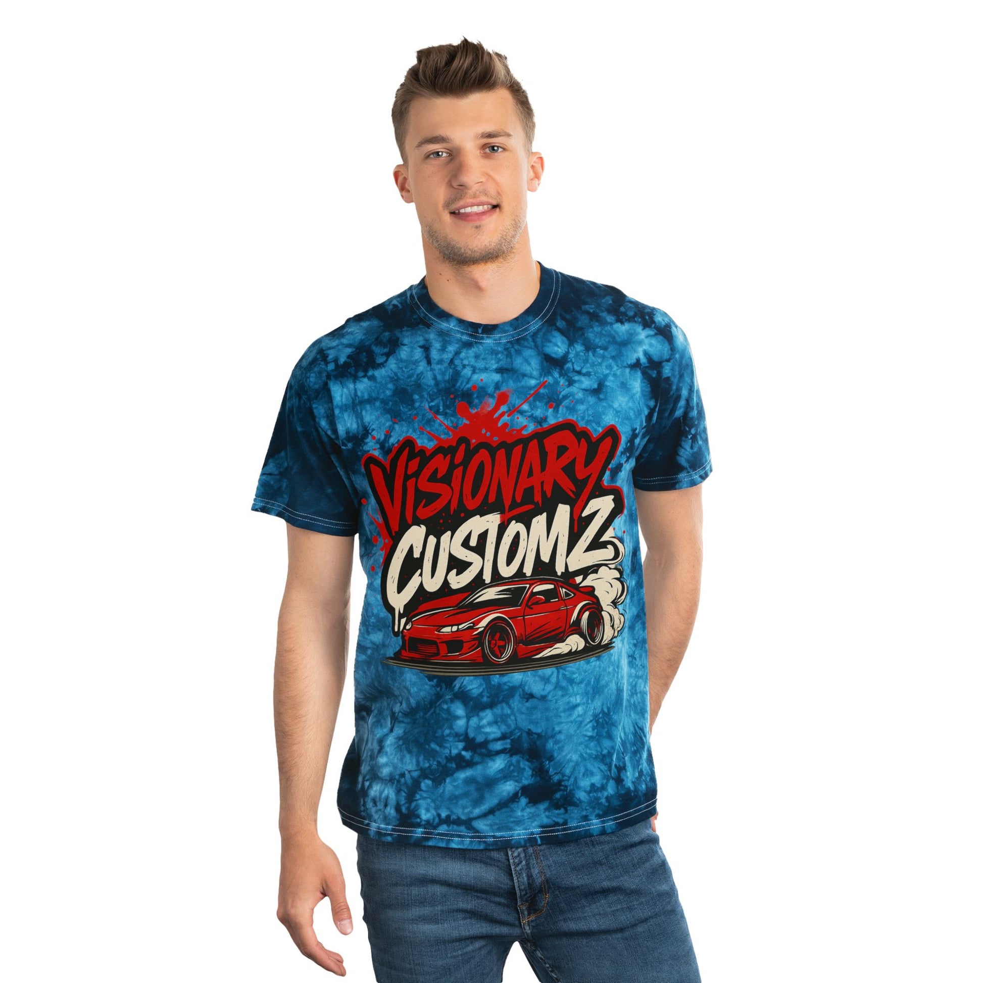 Tie-Dye Graphic Tee, Visionary Customz Shirt, Unique Casual Wear, Summer Style, Gift for Car Enthusiasts, Retro Vibe