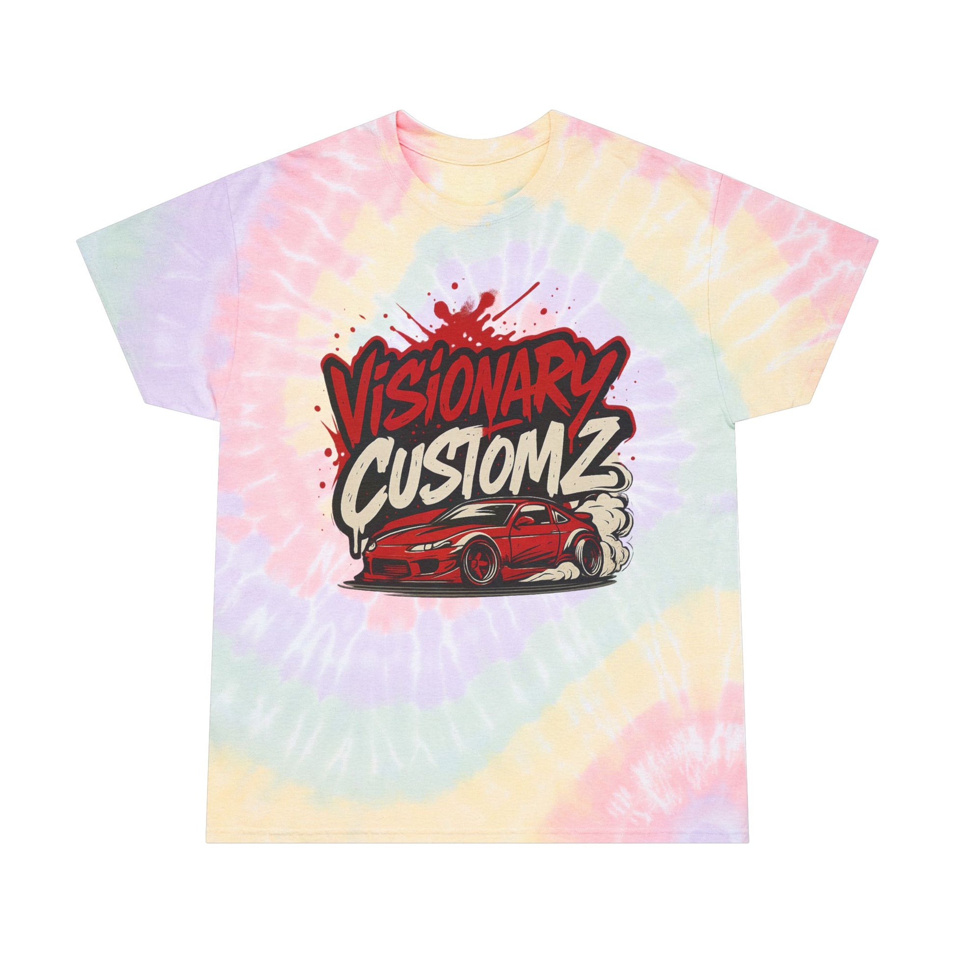 Spiral Tie-Dye Tee with Custom Graphics, Retro Vibe, Perfect for Festivals, Car Enthusiasts, Summer Outfits, Unique Gift Ideas