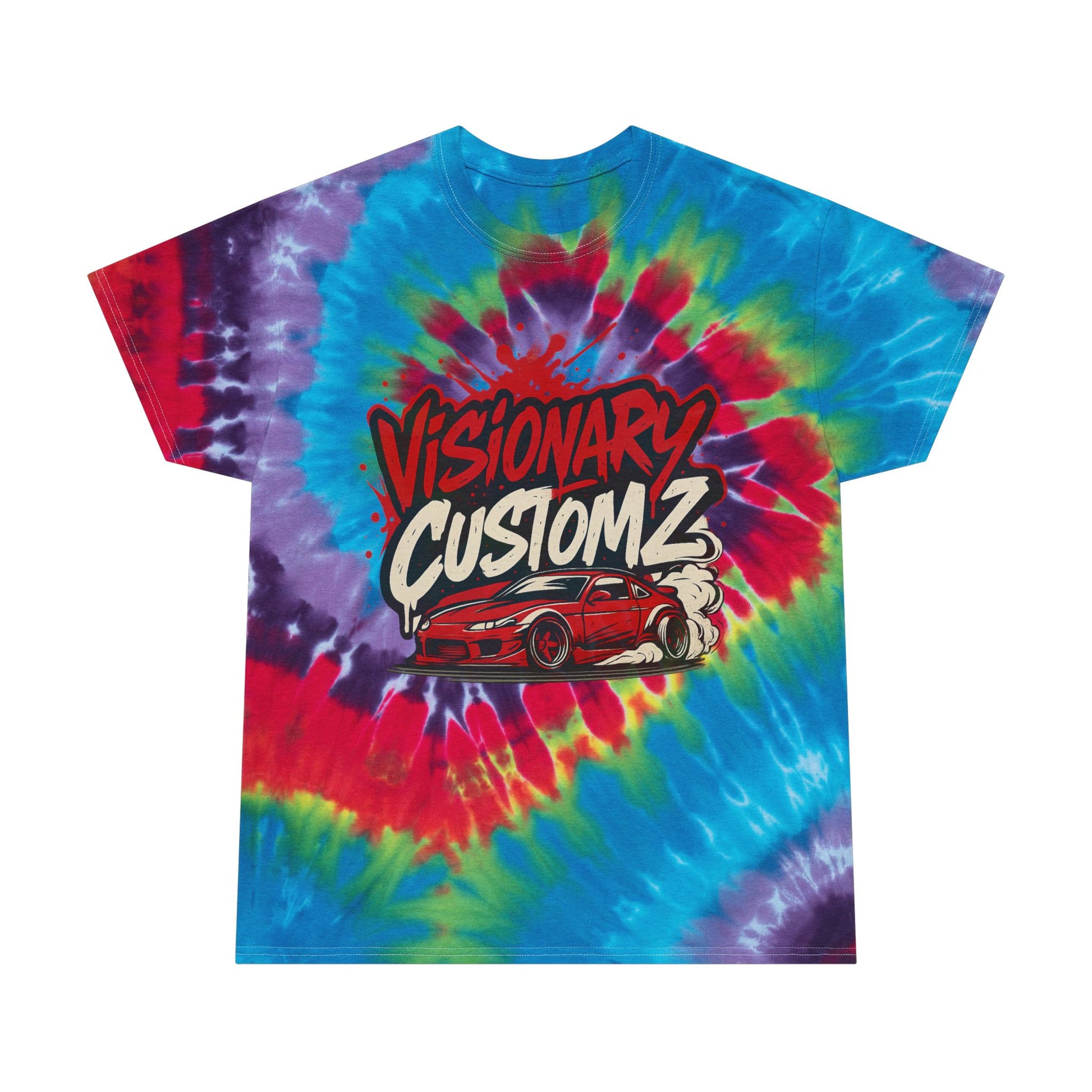 Spiral Tie-Dye Tee with Custom Graphics, Retro Vibe, Perfect for Festivals, Car Enthusiasts, Summer Outfits, Unique Gift Ideas