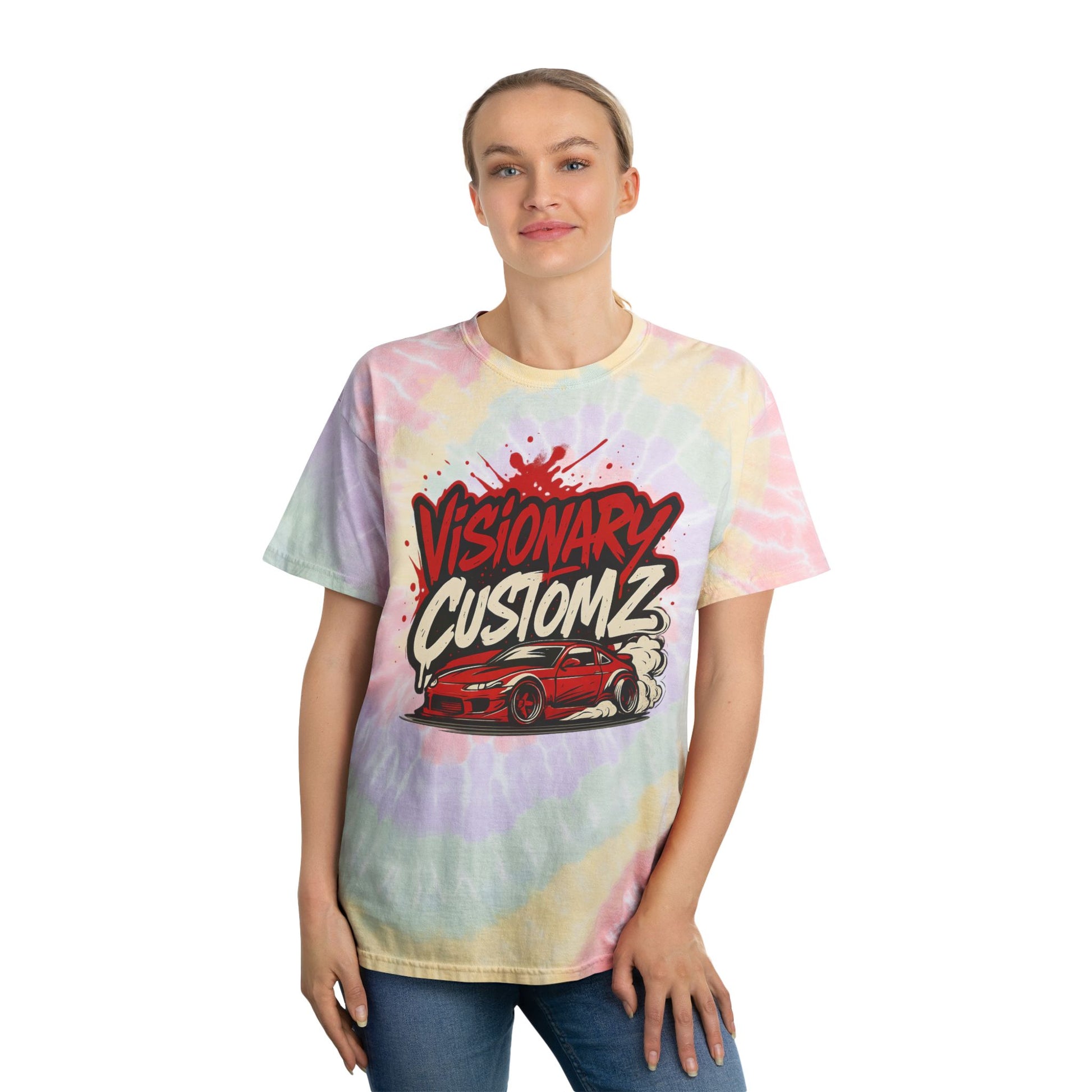 Spiral Tie-Dye Tee with Custom Graphics, Retro Vibe, Perfect for Festivals, Car Enthusiasts, Summer Outfits, Unique Gift Ideas