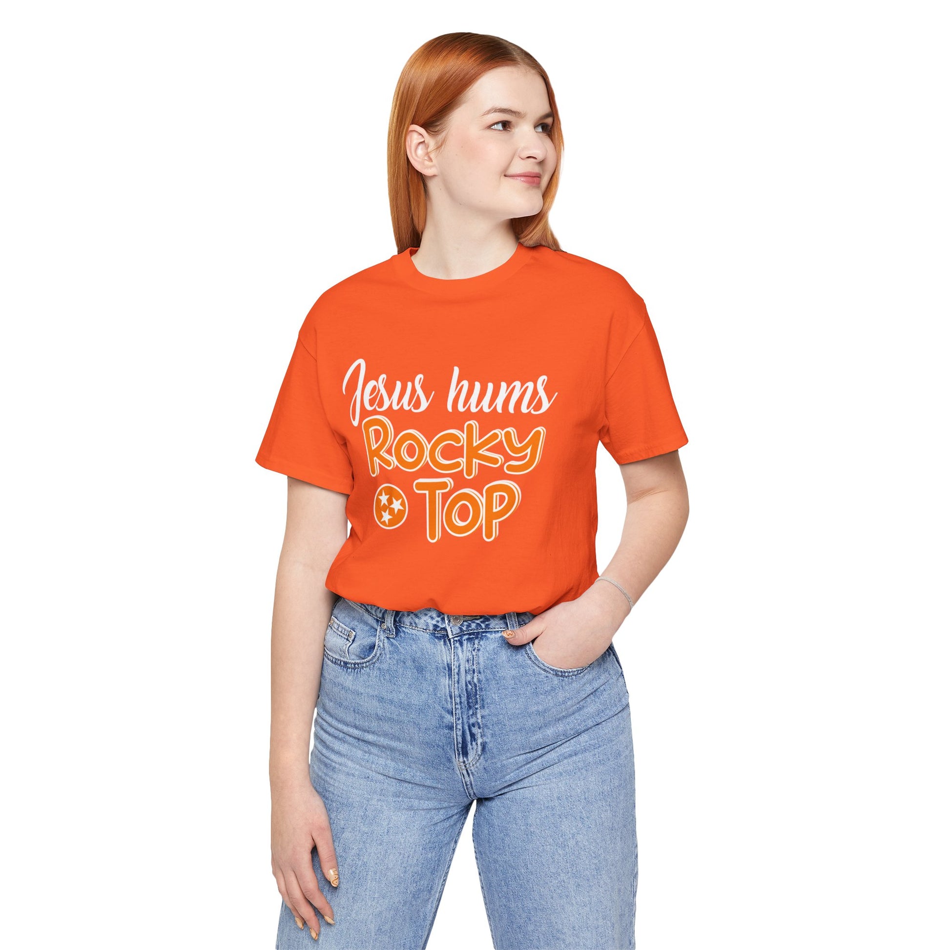 Rocky Top Jesus Hums Tee, Unisex Short Sleeve Shirt, Faith-based Apparel, Tennessee Fan Shirt, Unique Gift for Holidays