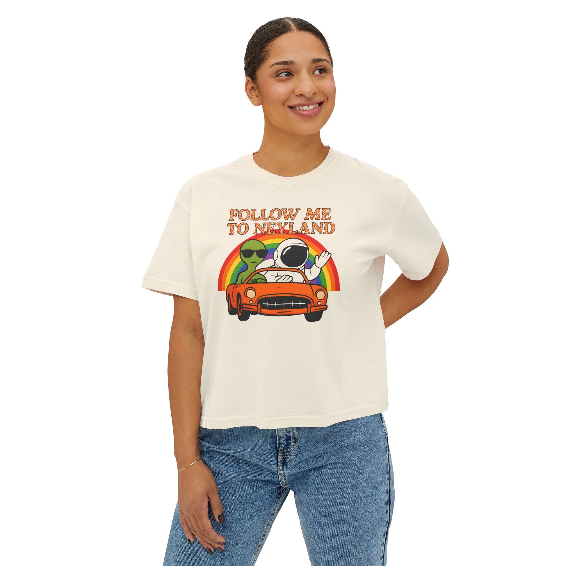 Women's Boxy Tee with 'Follow Me to Neyland' Design, Cute Summer Tee, Perfect for Road Trips, Gifts for Travelers, Retro Vibe
