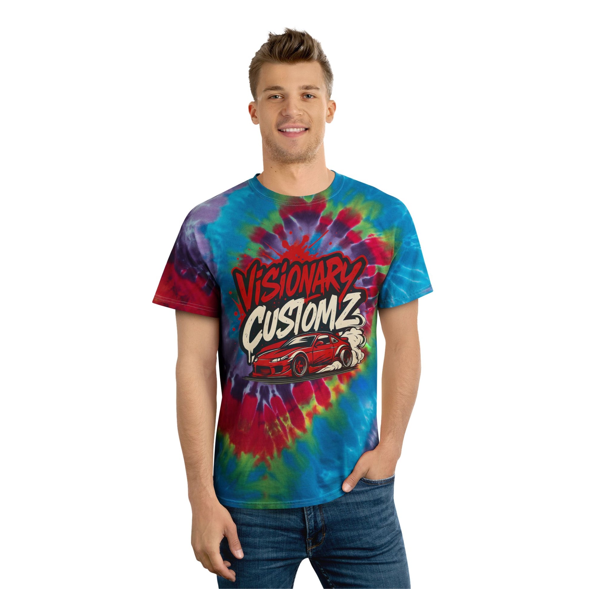 Spiral Tie-Dye Tee with Custom Graphics, Retro Vibe, Perfect for Festivals, Car Enthusiasts, Summer Outfits, Unique Gift Ideas