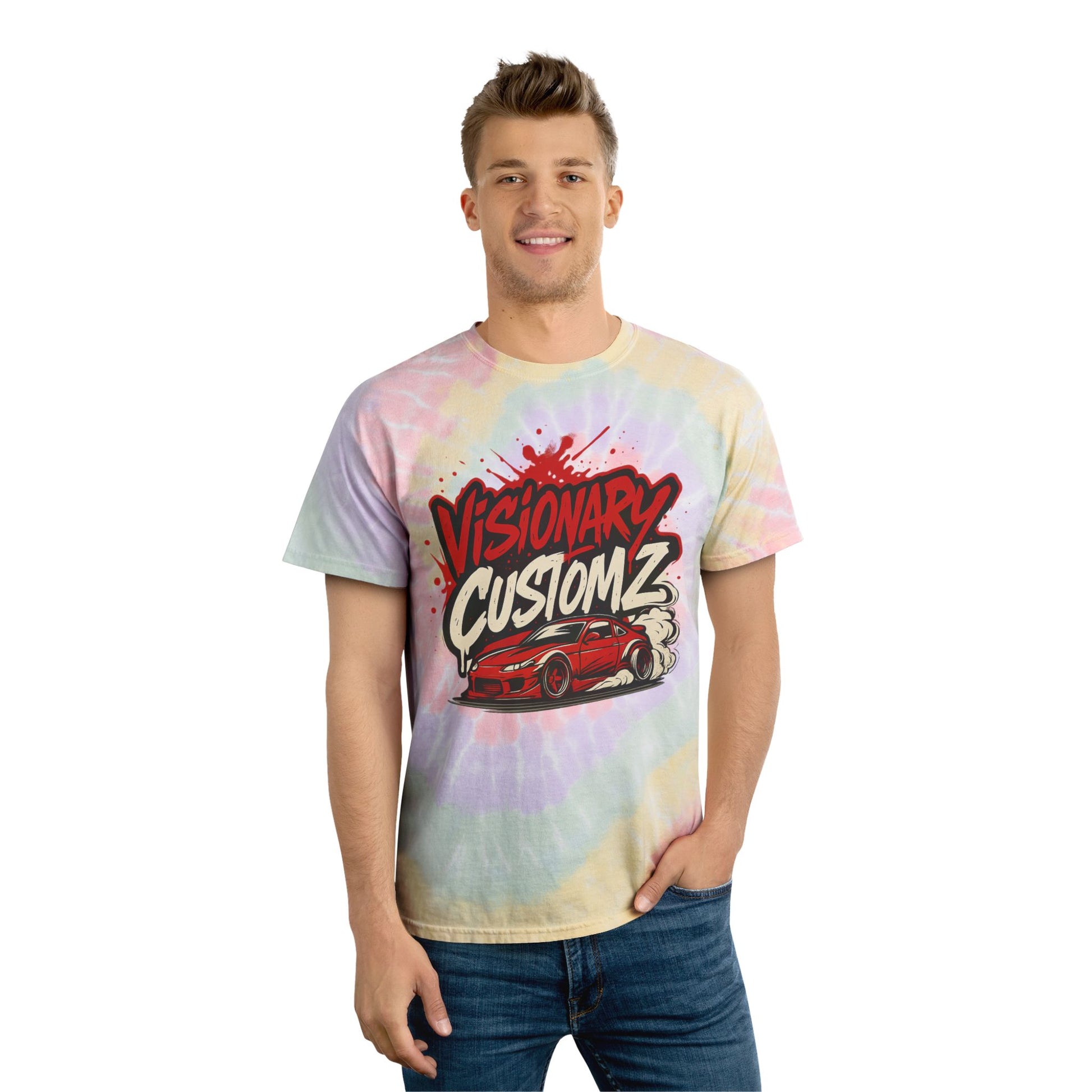 Spiral Tie-Dye Tee with Custom Graphics, Retro Vibe, Perfect for Festivals, Car Enthusiasts, Summer Outfits, Unique Gift Ideas